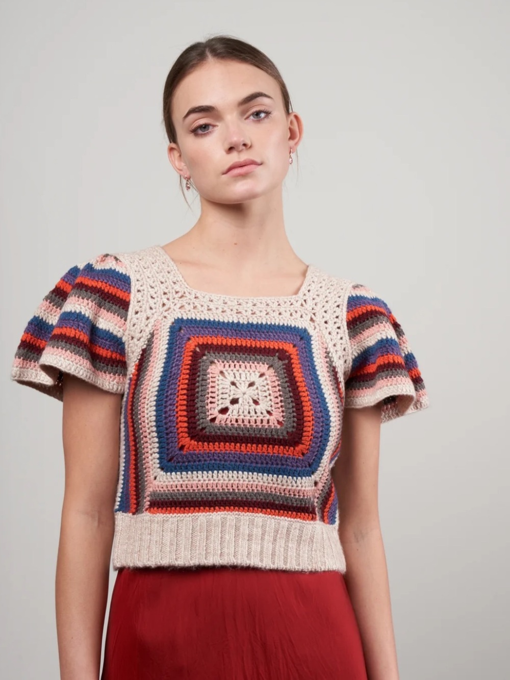Sea New York Mena Crochet Knit Flutter Sleeve Top Size XS